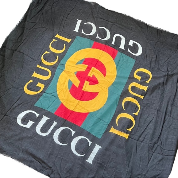 GUCCI Black Modal Silk Scarf with Logo Design - Picture 4 of 12